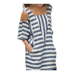 Soft Surroundings Striped Sunset Tunic XXS Cold Shoulder Linen Oversized Zipper